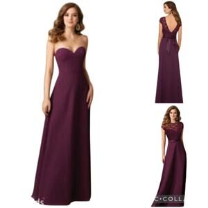 MORI LEE Bridesmaids 101 Eggplant‎ Strapless Long Dress Lace Illusion Top Sz 8